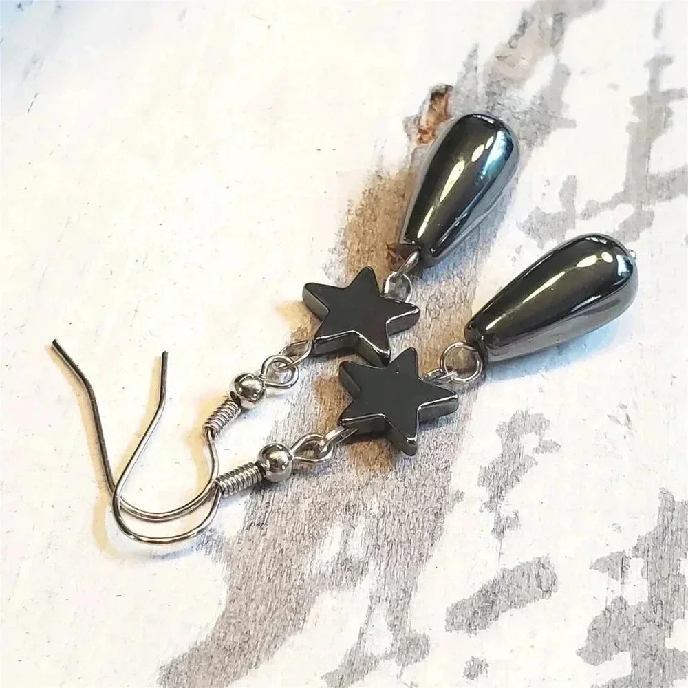 Gunmetal Gray Hematite Stars and Teardrops Gemstone Stainless Steel Earrings